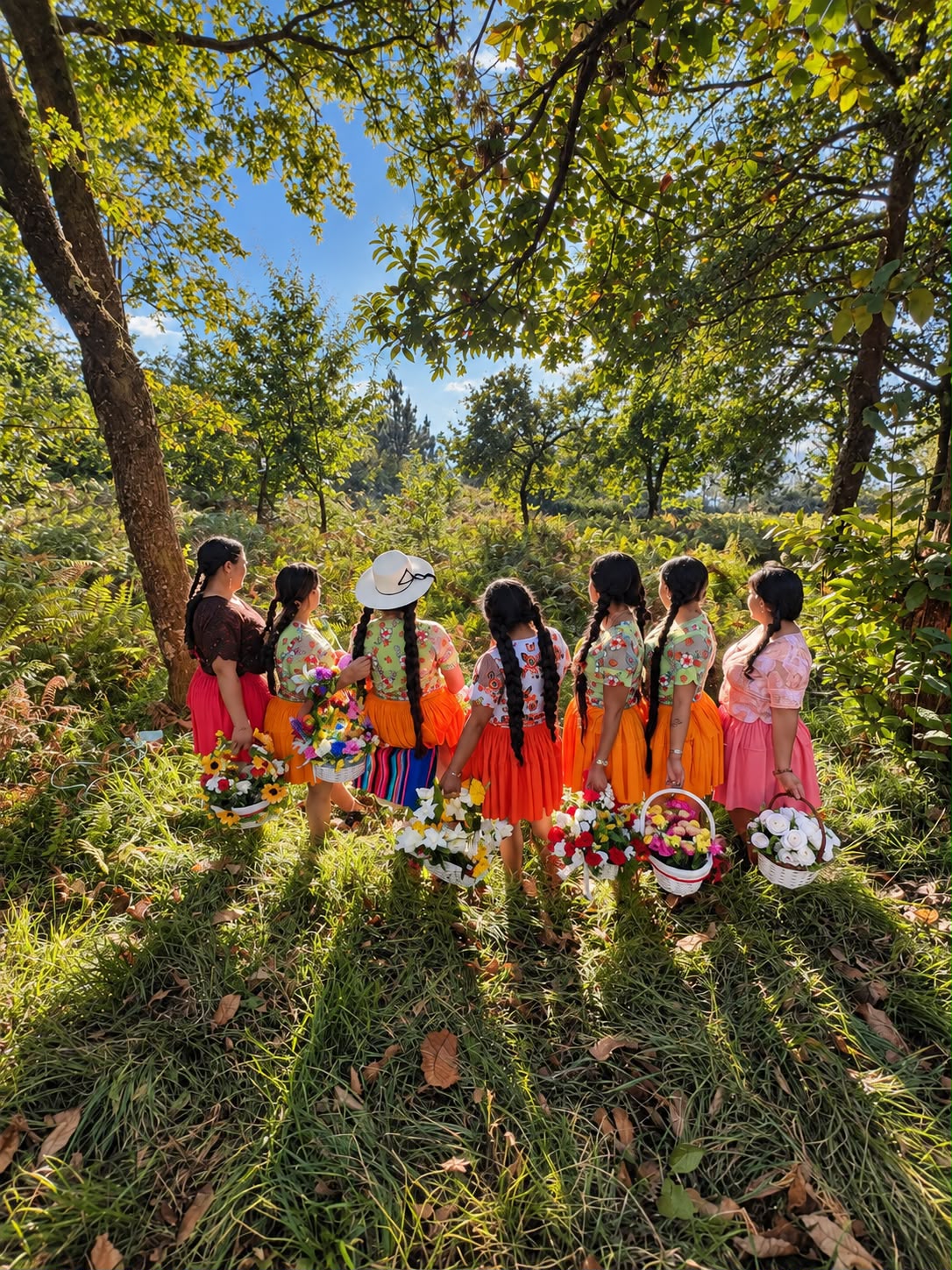 Cholitas de espaldas caminan entre los árboles con canastas de flores