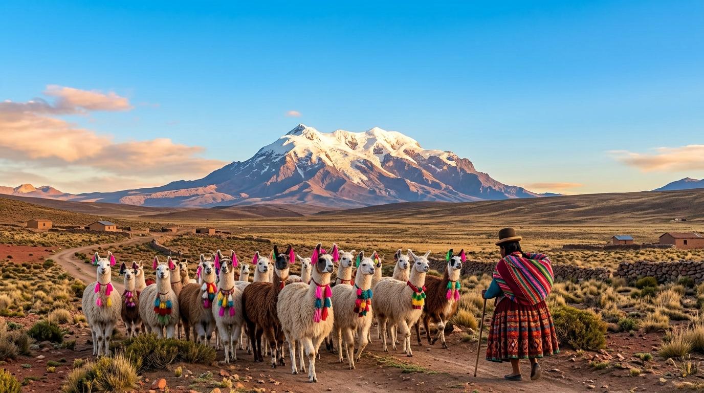 Una mujer con pollera y aguayo guía una manada de llamas con borlas de colores frente a una montaña nevada del altiplano