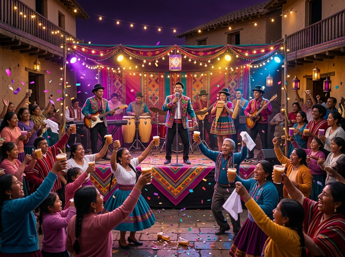 Una banda toca sobre un escenario con aguayos y luces mientras la gente baila y brinda con vasos y pañuelos blancos
